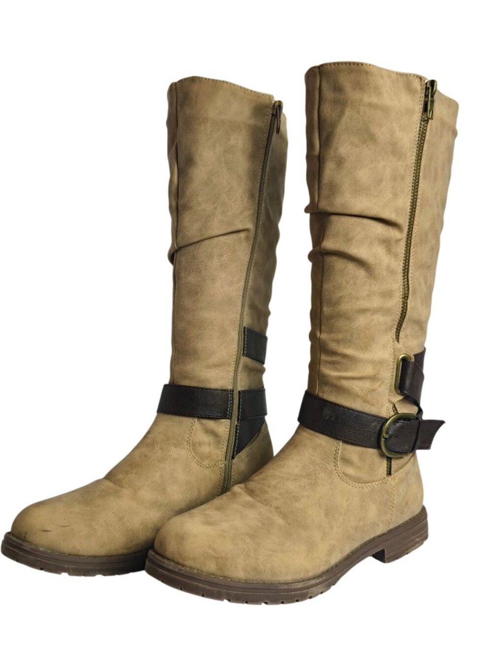 Womens 7 Riding Boots Beige Cushioned Buckle Knee-High Zip Up Slip Resistant